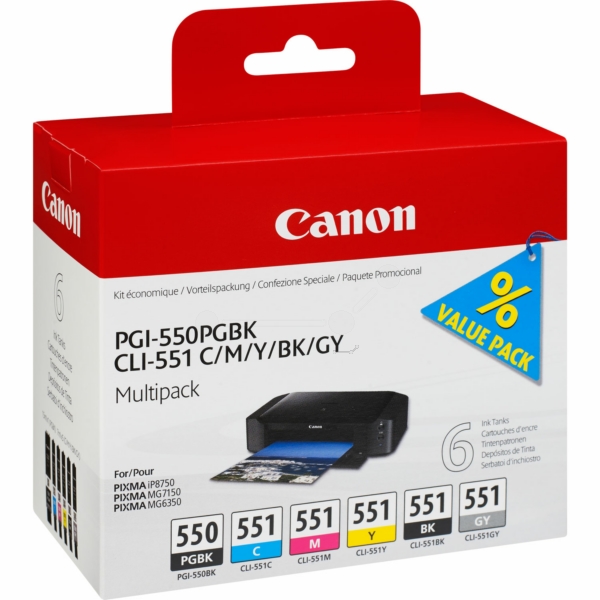 Canon 6496 B 005 PGI-550/CLI-551 Tinte CMYK + Gy VE 6